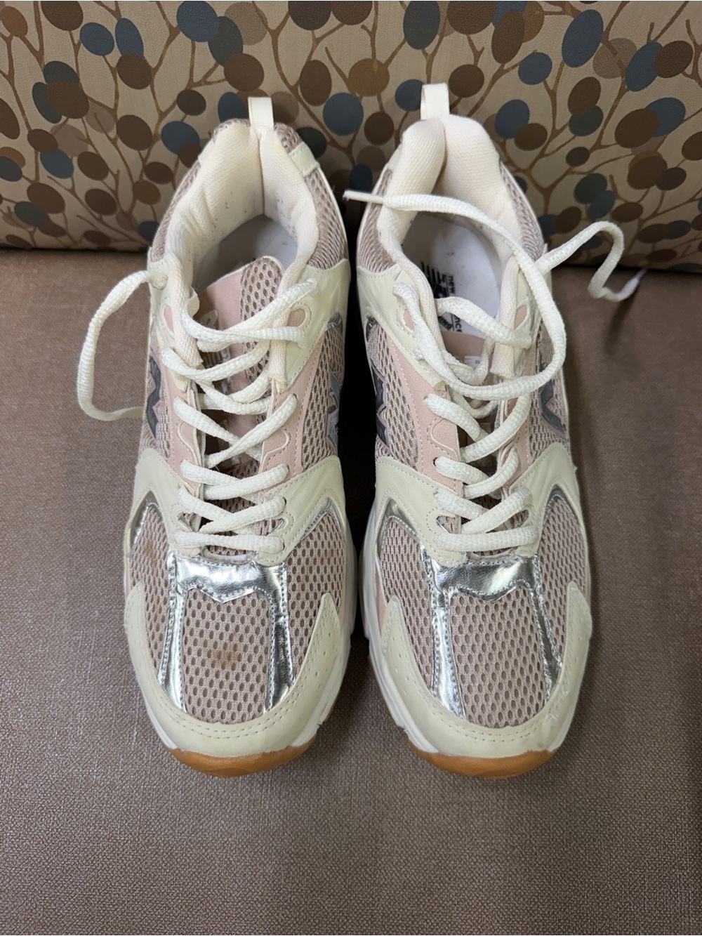 New Balance Cream and Pink Women's Sneakers with Silver Accents